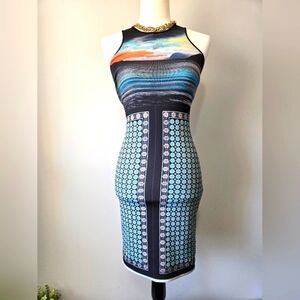 Clover Canyon Blue and Black Landscape Patterned Midi Dress. Size Xs